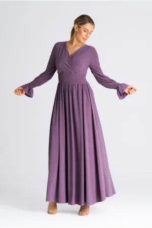 Rochie maxi violet - maneci lungi - din poliester -