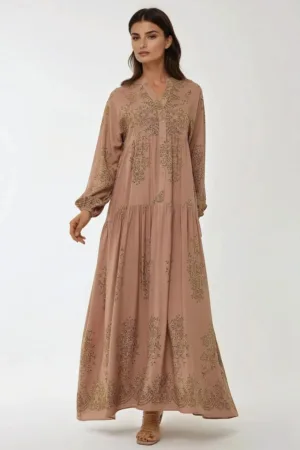 Rochie maxi -  viscon imprimat - guler camasa - maro - textil