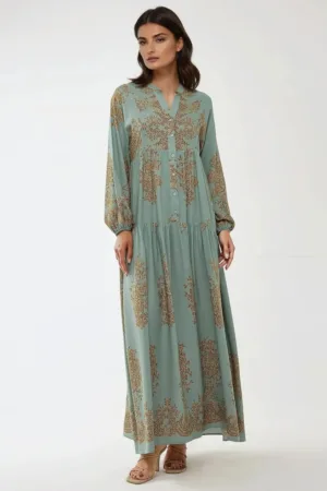 Rochie maxi -  viscon imprimat - guler camasa - verde - textil