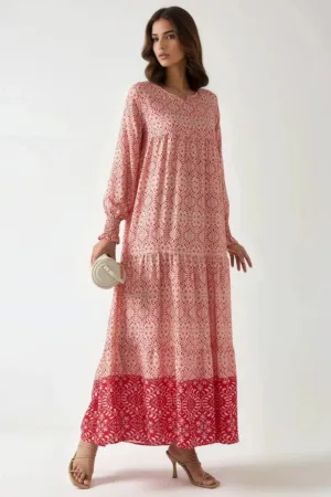 Rochie maxi  viscoza - guler rotund - roz - maneci lungi