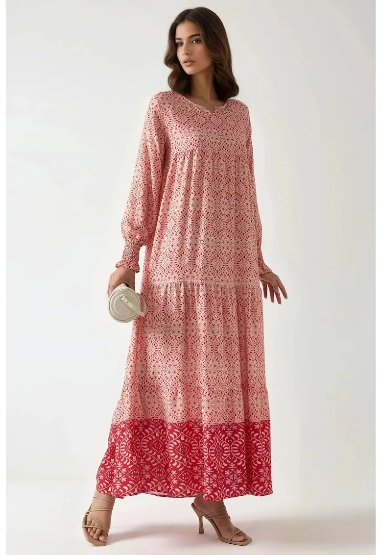 Rochie maxi viscoza - guler rotund - roz - maneci lungi