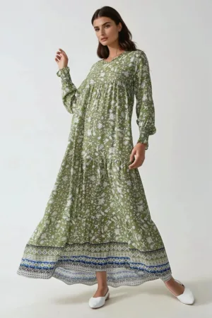 Rochie maxi - viscoza imprimata - guler rotund - verde