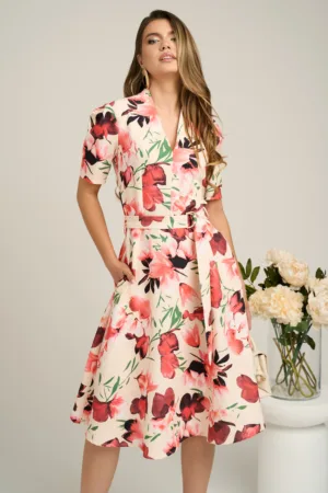 Rochie midi ivory din stofa in clos cu imprimeu floral roz si cordon in talie