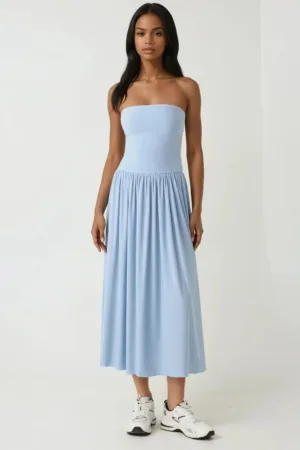 Rochie midi 2 in 1 -  fara bretele - elastica - albastra - jerseu