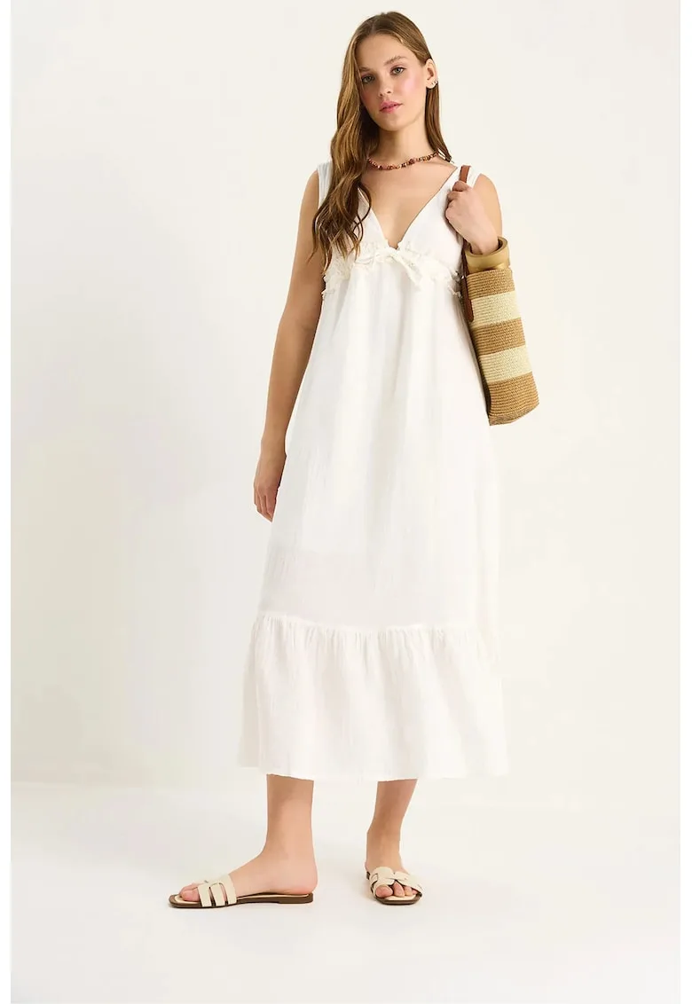 Rochie midi A-Form Fit - decolteu in V - alb - textil