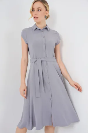 Rochie midi - HiCCUP - A-line - guler camasa - gri - textil