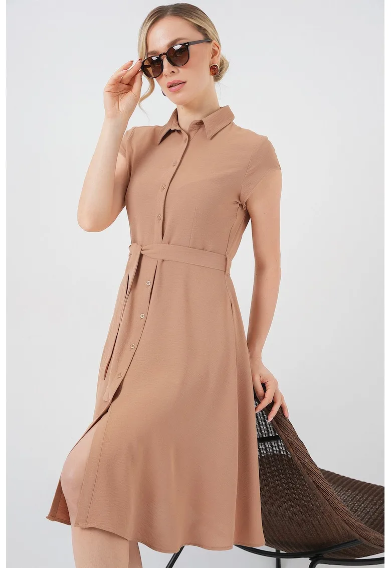 Rochie midi - HiCCUP - A-line - guler camasa - maro melanj - textil