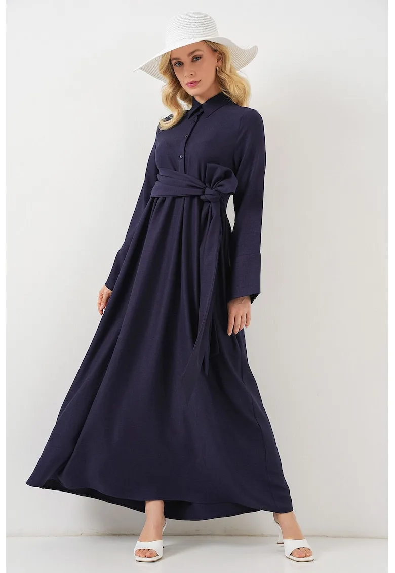 Rochie midi - HiCCUP - A-line - maneca lunga - bleumarin - textil