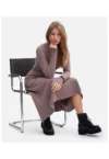 Rochie midi - B299 Cacao S - Tricot cu dungi - top mulat - evazat la baza - maneci lungi cu orificii pentru degete - top cu guler inalt - fara inchizatoare