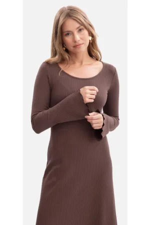 Rochie midi - B308 maro tricot casual - decolteu rotund - fara maneci lungi - usor evazata in partea de jos - fara