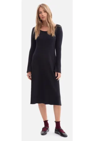 Rochie midi - B308 neagra tricot cu dungi - casual - decolteu rotund - necaptusita - fara buzunare - maneci lungi - usor evazata in partea de jos - fara inchizatoare
