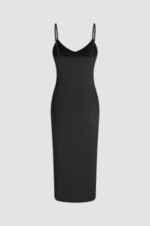 Rochie midi -  Decolteu in V - Bretele subtiri - Negru - Poliester/Elastan