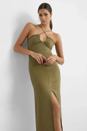 Rochie midi -  Decolteu incrucisat - Verde - Bumbac