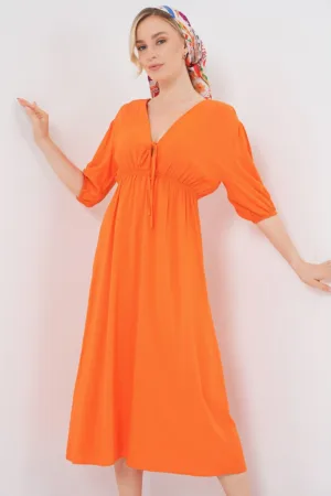 Rochie midi HiCCUP - croiala in A - decolteu in V - mandarina - textil