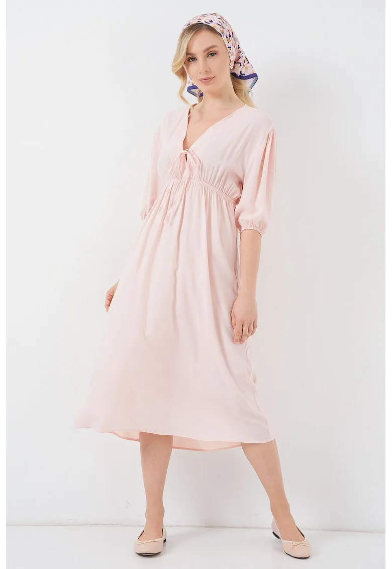Rochie midi HiCCUP - croiala in A - decolteu in V - roz pudrat - textil