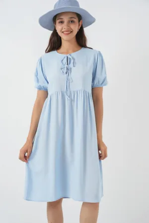 Rochie midi HiCCUP - inchidere cu papion - albastra - textil