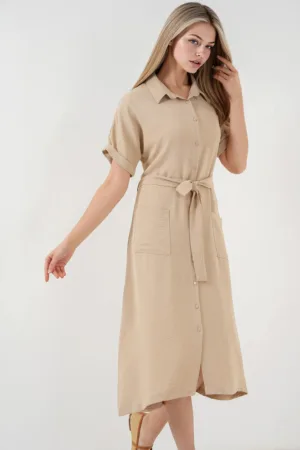 Rochie midi HiCCUP texturata cu guler camasa si buzunare - bej - poliester-elastan