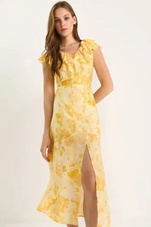 Rochie midi  LUCCI cu volane - galben - poliester