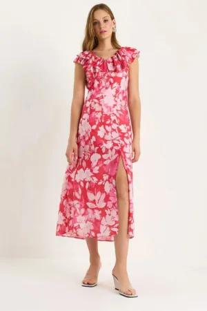 Rochie midi  LUCCI cu volane - roz - poliester