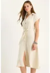 Rochie midi  LUCCI - decolteu in V - cu nasturi - bej - textil