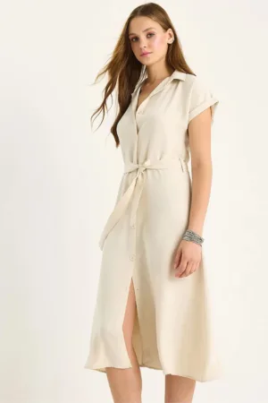 Rochie midi  LUCCI - decolteu in V - cu nasturi - bej - textil