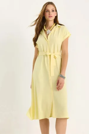 Rochie midi  LUCCI - decolteu in V - cu nasturi - galben - textil