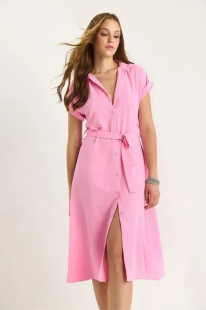 Rochie midi  LUCCI - decolteu in V - cu nasturi - roz - textil