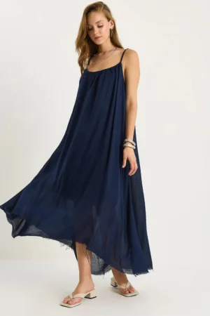 Rochie midi -  LUCCI - guler rotund - bleumarin - bumbac