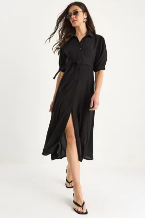 Rochie midi  LUCCI - inchidere cu nasturi - guler camasa - negru - textil