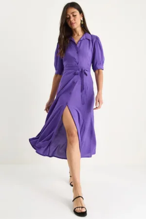 Rochie midi  LUCCI - inchidere cu nasturi - guler camasa - violet - textil