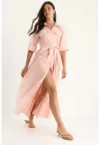 Rochie midi -  LUCCI - tip camasa - inchidere cu nasturi - portocaliu pal - textil