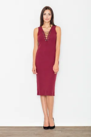 Rochie midi M487 - rosu - bumbac - cu decolteu ajustabil -