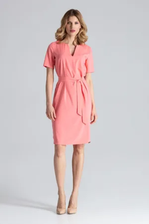 Rochie midi M669 Koral - roz - poliester - maneca scurta