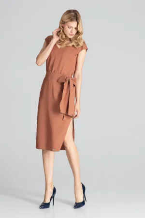 Rochie midi M674 - eleganta - maneci scurte - maro - poliester 100% -