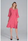 Rochie midi  M843 - roz - cu nasturi - maneci 3/4 - poliester -