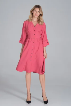 Rochie midi M843 - roz - cu nasturi - maneci 3/4 - poliester -