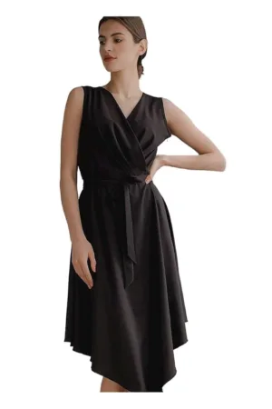 Rochie midi - Negru - Fara maneci - Cu curea decorativa - Poliester/Elastan