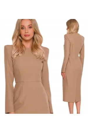 Rochie midi - S412 Bej Decolteu rotund functional - Maneci lungi - Fermoar ascuns la spate