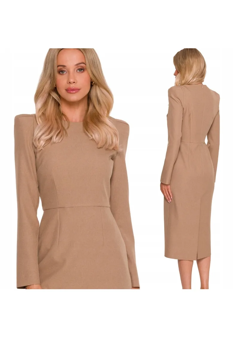 Rochie midi - S412 Bej Decolteu rotund functional - Maneci lungi - Fermoar ascuns la spate