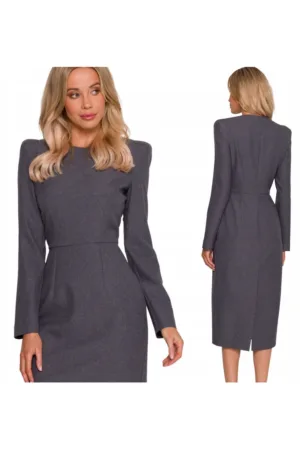 Rochie midi - S412 Gri Decolteu rotund Maneci lungi - Fermoar ascuns la spate