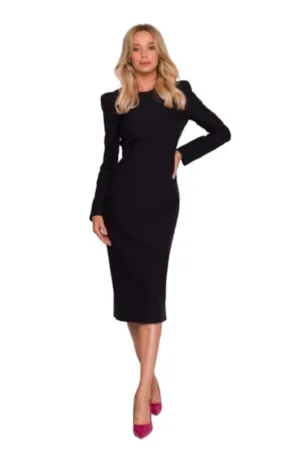 Rochie midi - S412 Negru - Decolteu rotund - Maneci lungi