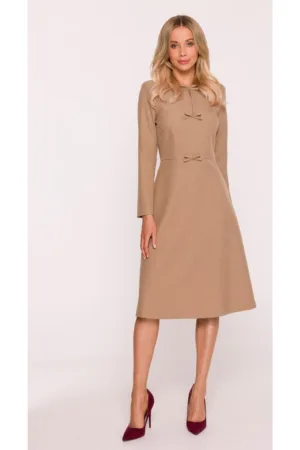 Rochie midi - S413 Bej decolteu maneci lungi - decorative - Poliester - Trapezoidala