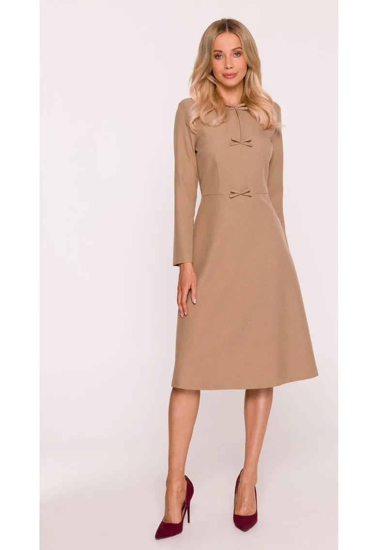 Rochie midi - S413 Bej decolteu maneci lungi - decorative - Poliester - Trapezoidala