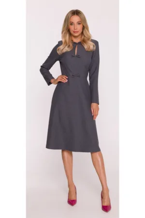 Rochie midi - S413 Gri decolteu semicircular - maneci lungi - crapaturi laterale - fonduri decorative - Poliester - Trapezoidala