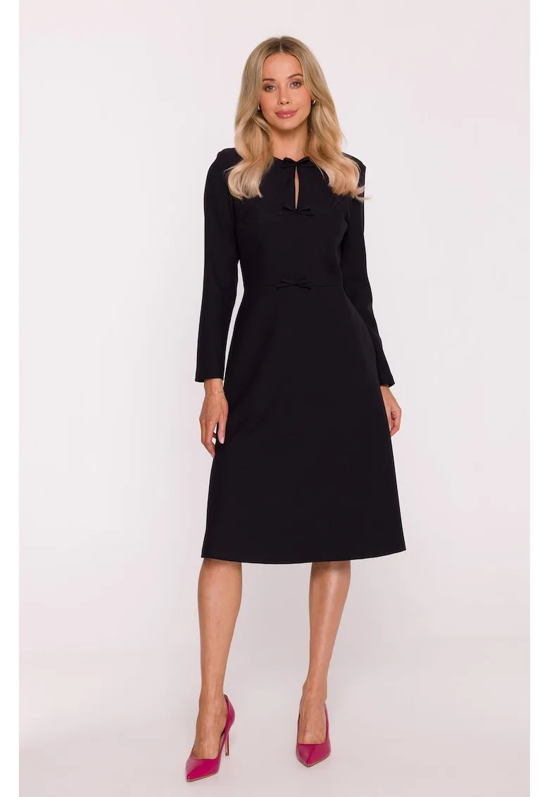 Rochie midi - S413 neagra decolteu rotund - maneci lungi - funde decorative - buzunare laterale - fermoar la spate - zi cu zi