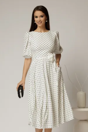 Rochie midi alba cu buline si cordon detasabil in talie