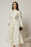Rochie midi alba cu buline si guler ascutit