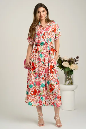 Rochie midi alba cu flori corai din viscoza in clini cu nasturi si cordon in talie