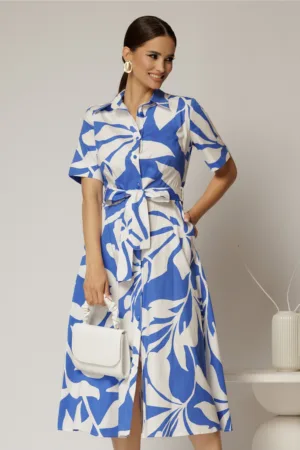 Rochie midi alba cu imprimeu albastru tip camasa din poplin cu cordon in talie