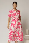 Rochie midi alba cu imprimeu fucsia tip camasa din poplin cu cordon in talie